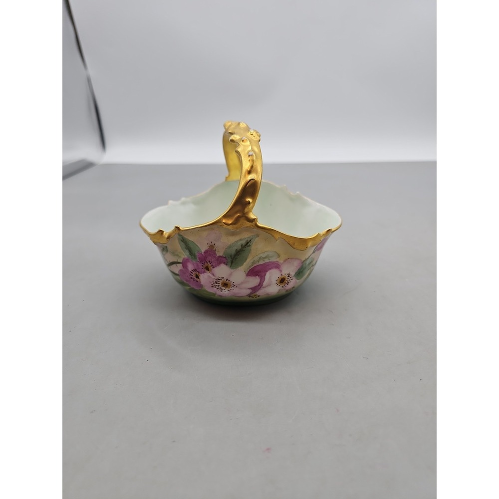 Antique J.P. L. France Limoges Hand Painted Floral Porcelain Basket Gold Trim